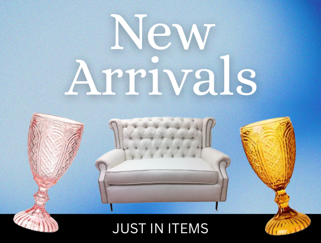 Promotional image featuring a white tufted sofa labeled 'New Arrivals' on a blue background.