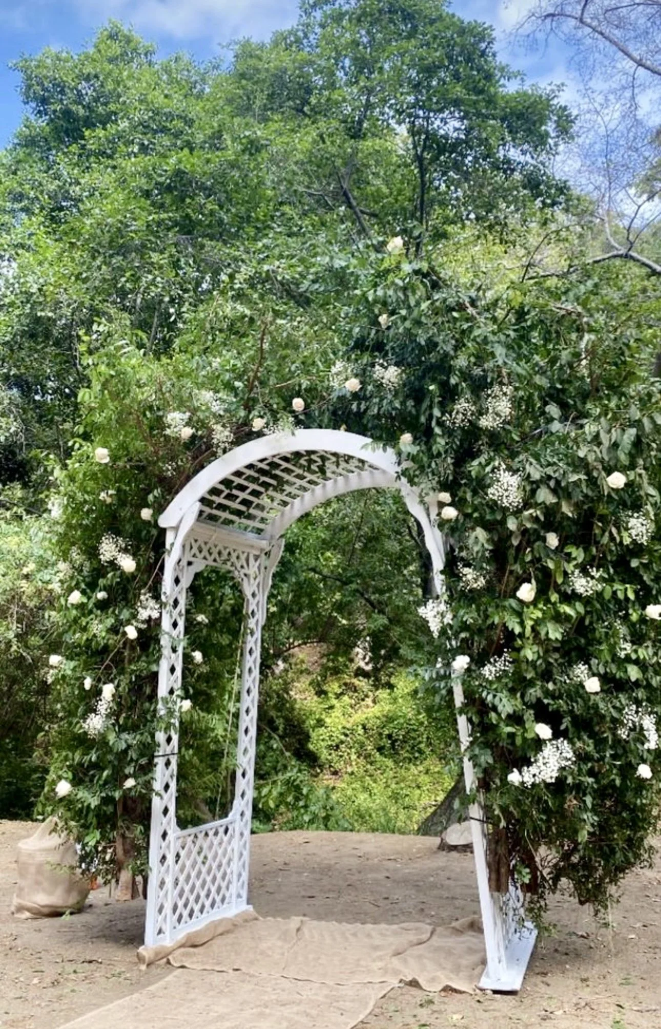 A white garden arch decorated with white flowers and greenery, set outdoors on a dirt surface amidst trees and plants.
