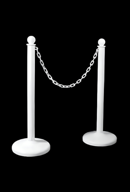 WHITE PLASTIC STANCHIONS WITH PLASTIC CHAIN