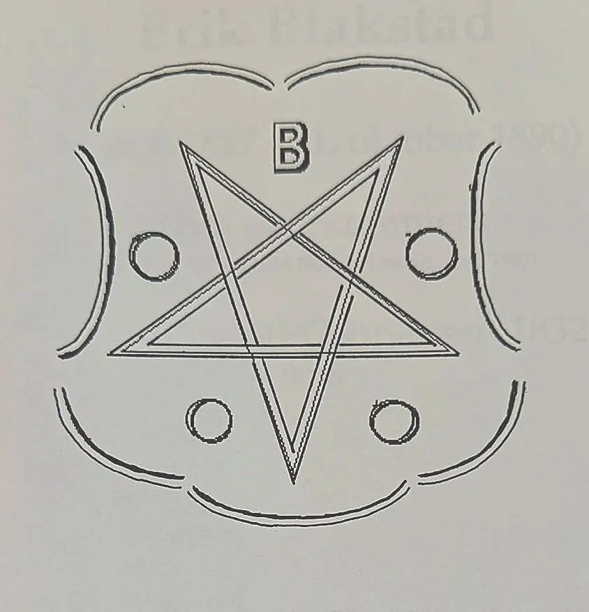 Ett ritningsdiagram med en pentagram i mitten, omgiven av cirklar och kablar, samt bokstaven B ovanför.