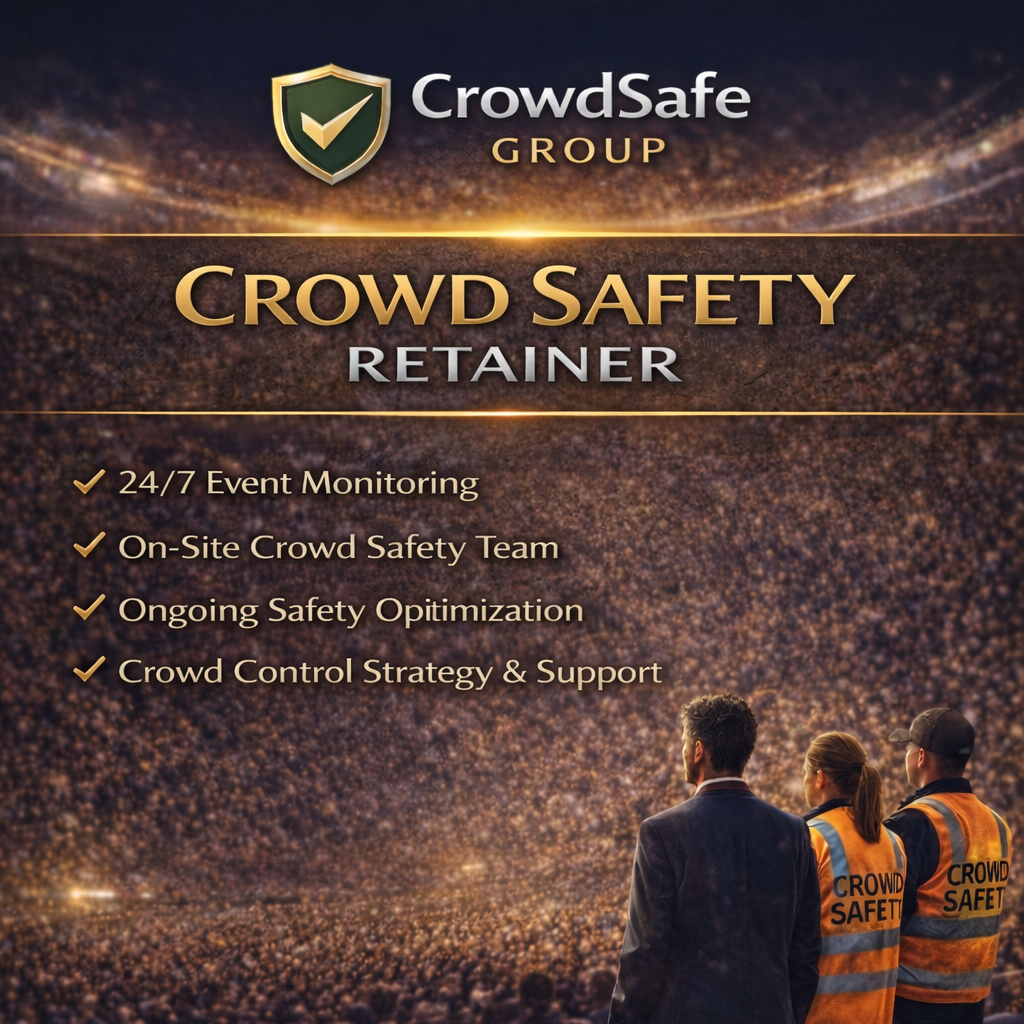 A promotional image for CrowdSafe Group featuring their Crowd Safety Retainer service, with a crowd in the background and three people in safety vests and formal attire in the foreground.