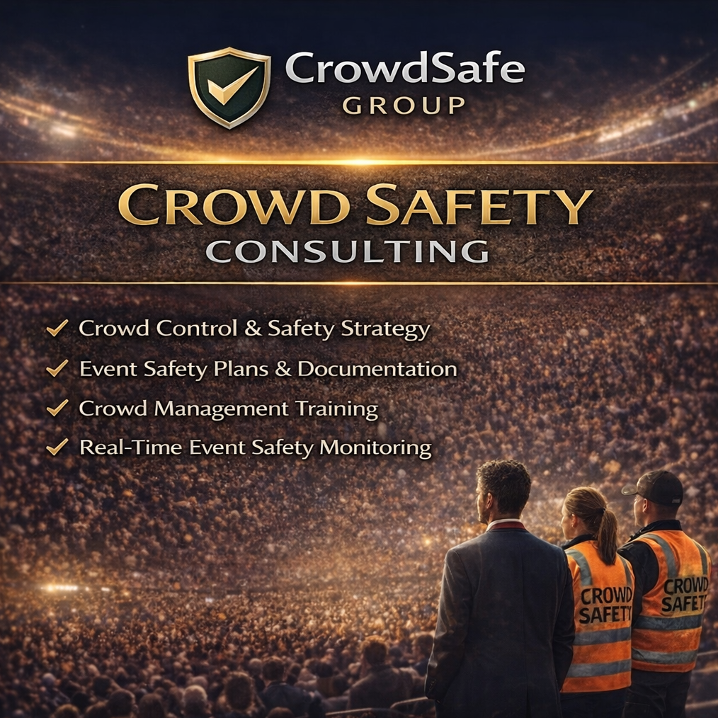 Promotional image for CrowdSafe Group's crowd safety consulting services featuring a large crowd at an event, with two crowd safety officers and a man in formal attire in the foreground.