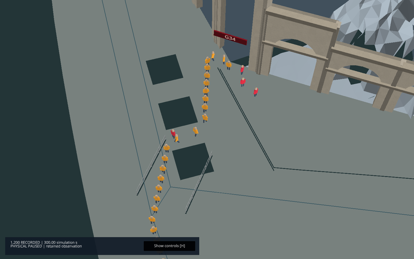 Ohio Stadium pedestrian movement model replay showing simulated people approaching the modeled Gate 34 frontage and queue.