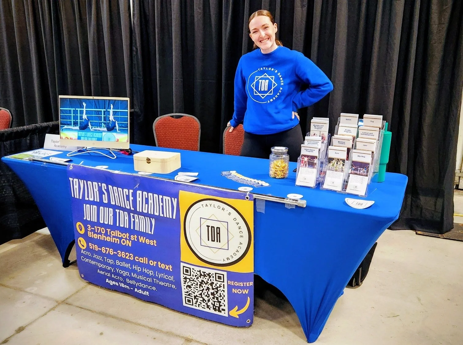 Miss Taylor all set up for a local wellness day event at the Chatham Convention Center! She is letting people know about all of the amazing programs and classes available at TDA, plus sharing details about the upcoming Community Dance Day in Blenheim