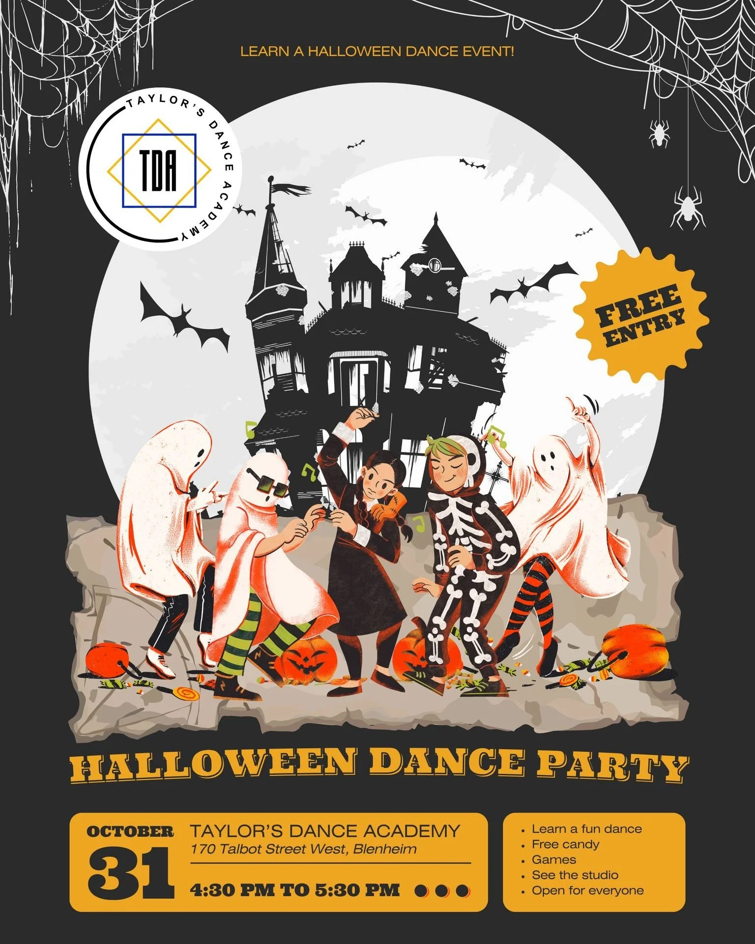 🎃 HALLOWEEN EVENT: Dance Party at Taylor&rsquo;s Dance Academy! ✨

Start your Halloween night off right with a fun community dance party! Everyone will get the chance to learn a short Halloween dance and perform it together as a group. (Parents - do