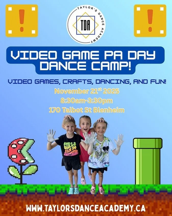We can&rsquo;t wait to spend the day with you at video game camp on November 21st! Come hang out with us and do crafts, play video games and dance! 🎮💙😄 #videogames #mario #minecraft #dance #dancecamp #fun #tda #tdaszn9 #taylorsdanceacademy