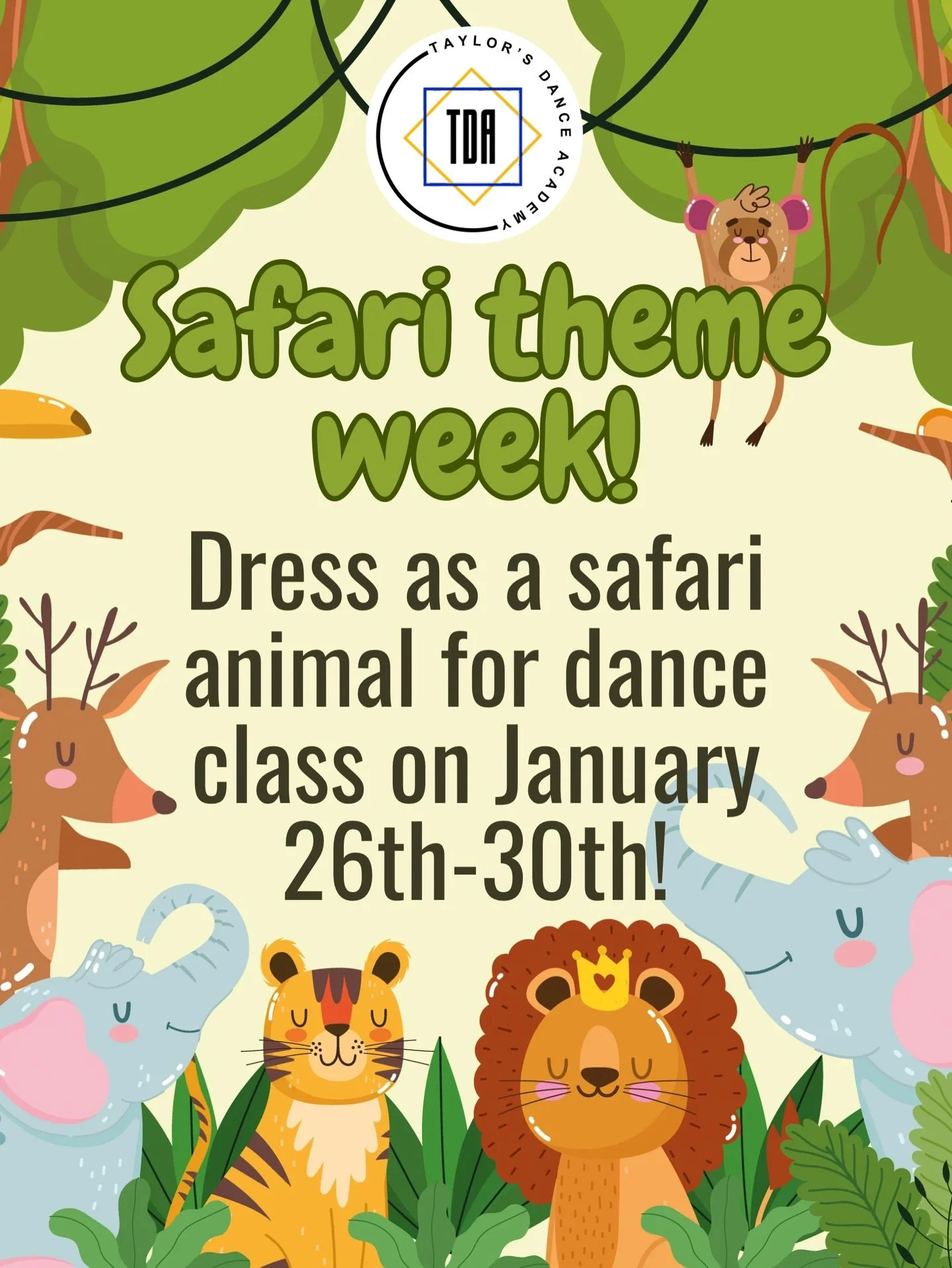 Next week is our safari theme week! 🦒🦓🐘🐒🦁
Dress as a safari animal or character for your classes next week!
.
We can&rsquo;t wait to have so much safari fun with you!! 
.
#safariweek #themeweek #tdaszn9