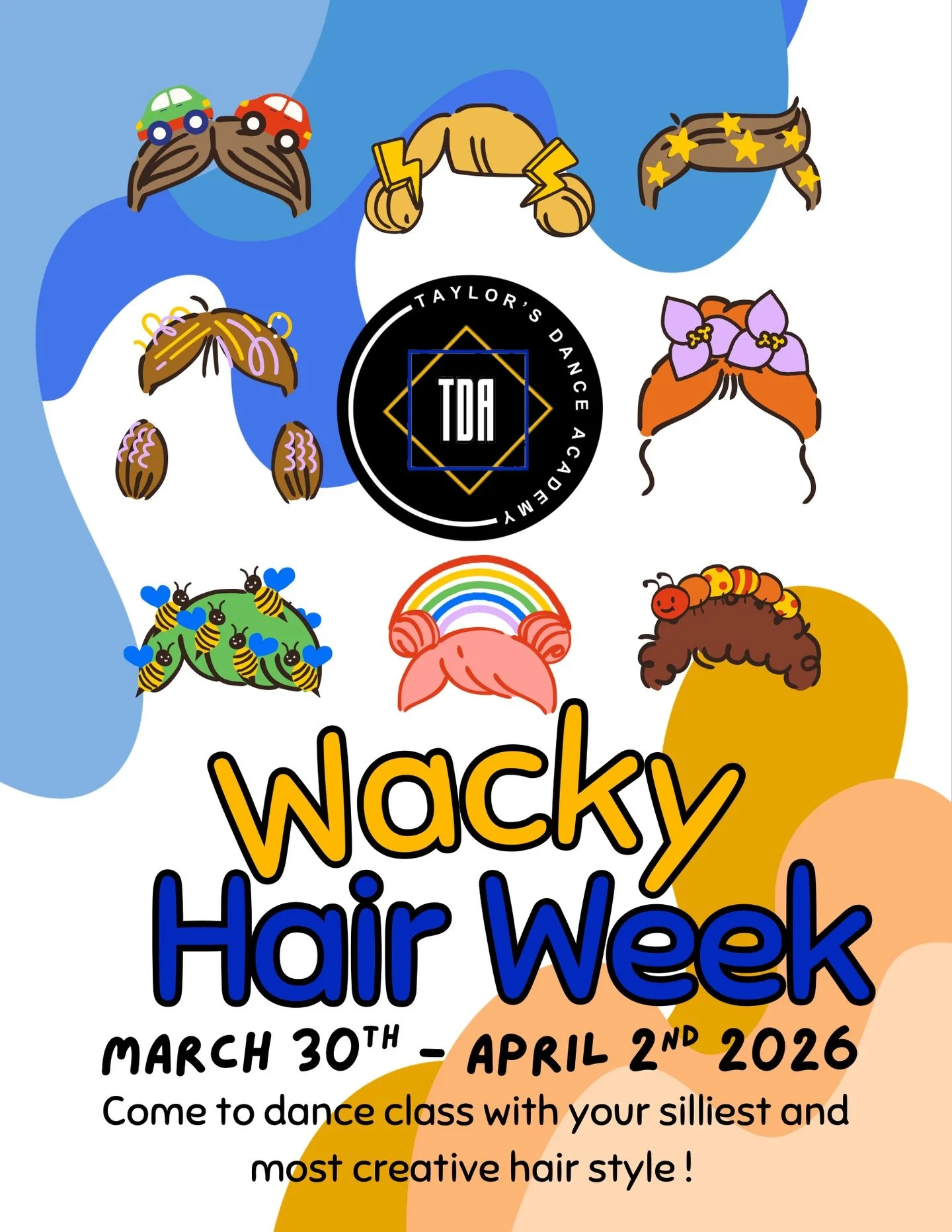 Our next spirit week is Wacky hair week! Come to dance class with your silliest and most creative hair style!💛😜
&bull;
#taylorsdanceacademy #spiritweek #aprilfools #wackyhair #dancefamily