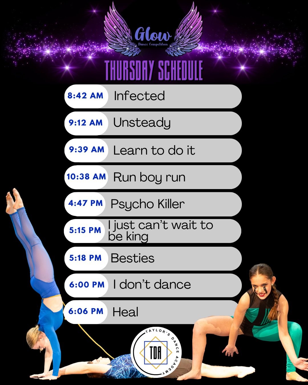 Here is our glow schedule for the weekend! Check us out on the livestream on the dance bug app! ✨🪽
&bull;
@glowdancecompetition 
@dancebug.official 
&bull;
#taylorsdanceacademy #glowdancecompetition #competitivedance #fyp #dance
