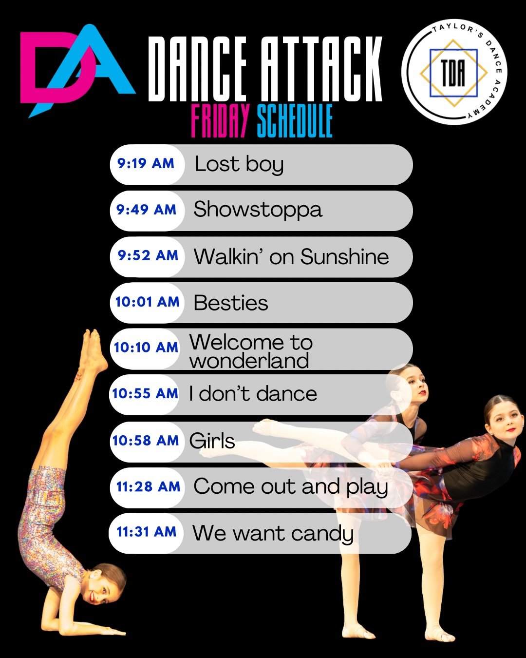 Here&rsquo;s our Dance Attack schedule for this weekend (April 17th-19th 2026) 
Come check us out at the Capitol Theatre in Chatham or watch the livestream! 🩷🩵
&bull;
https://pointofviewphotovideo.com
@dance_attack_events 
&bull;
#taylorsdanceacade