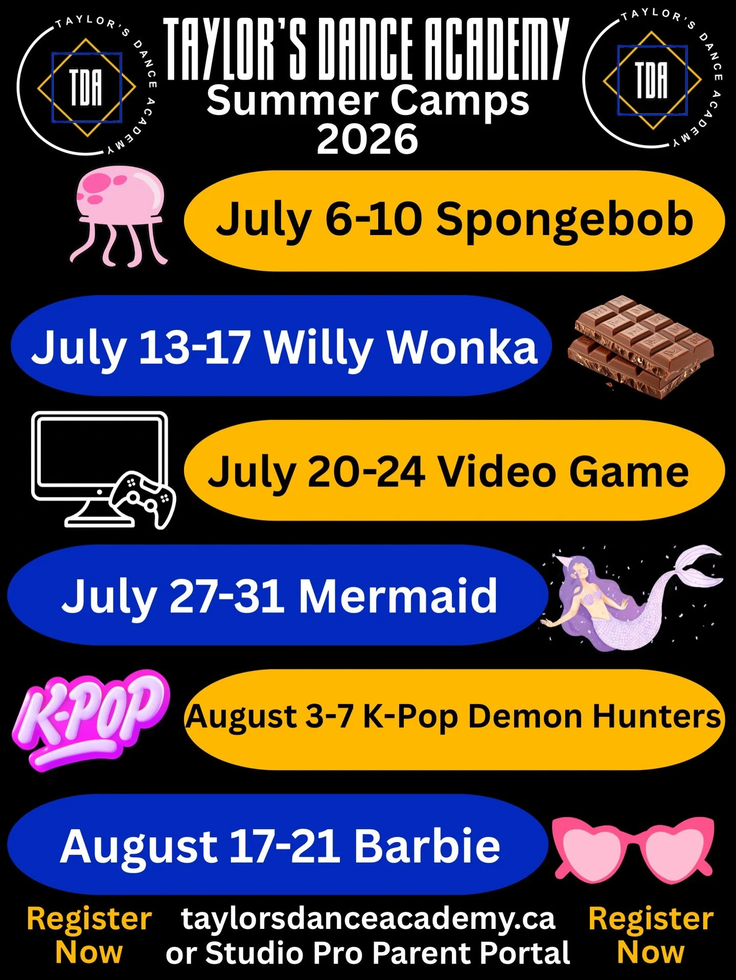 Our summer dance camp schedule is here! We&rsquo;ve got something for everyone, get ready for an unforgettable summer of dancing, creativity, and fun! ☀️
We cant wait to see you there! 
&bull;
#taylorsdanceacademy #dance #summer #2026 #dancecamp