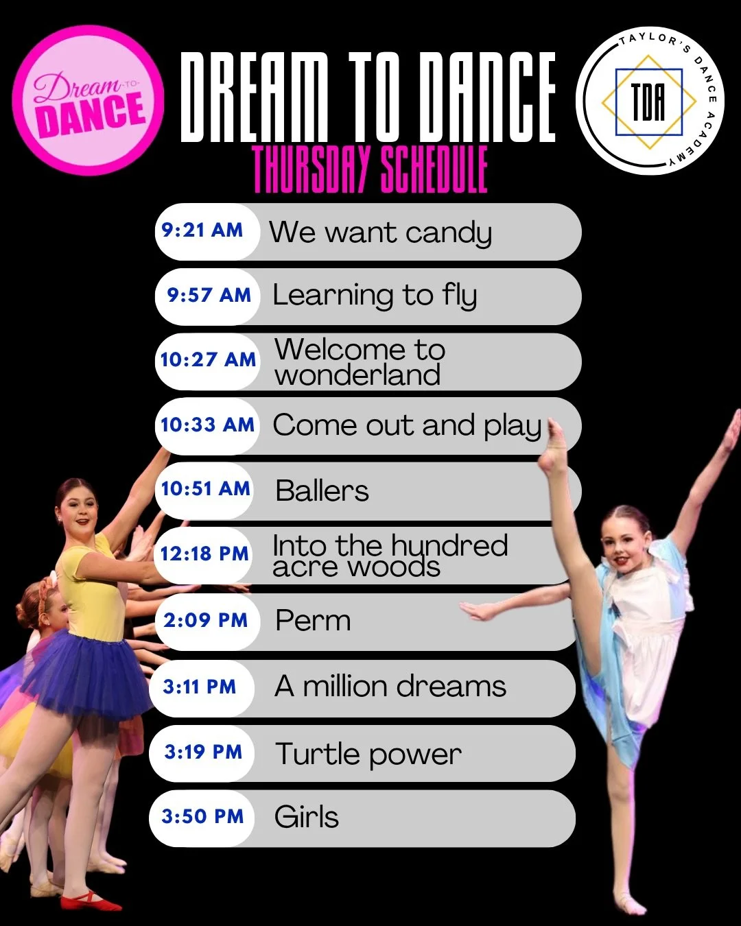 Here is our final comp schedule of season 9, lets bring the energy and go out with a bang!💥
@dreamtodanceca 

Come check us out on the livestream or in person at the London centennial hall!!
Livestream link➡️ https://dreamtodance.ca/livestream/
&bul