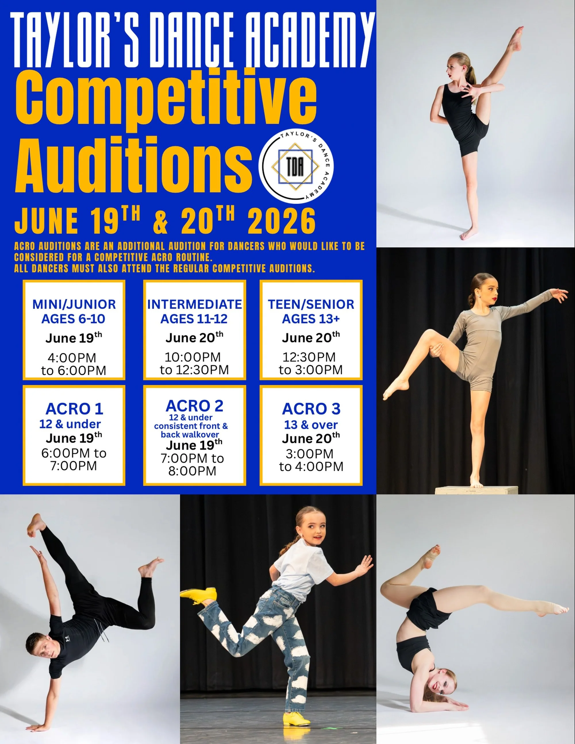 SEASON 10 COMPETITIVE AUDITIONS ✨

Ready to take the stage? Join us for competitive auditions and be apart of an incredible season filled with growth, teamwork, and unforgettable performances!

Wear all black, hair tied back, bring your water and pro