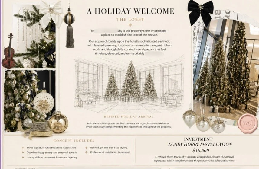 Commercial holiday decor concept rendering for luxury hotel entrance