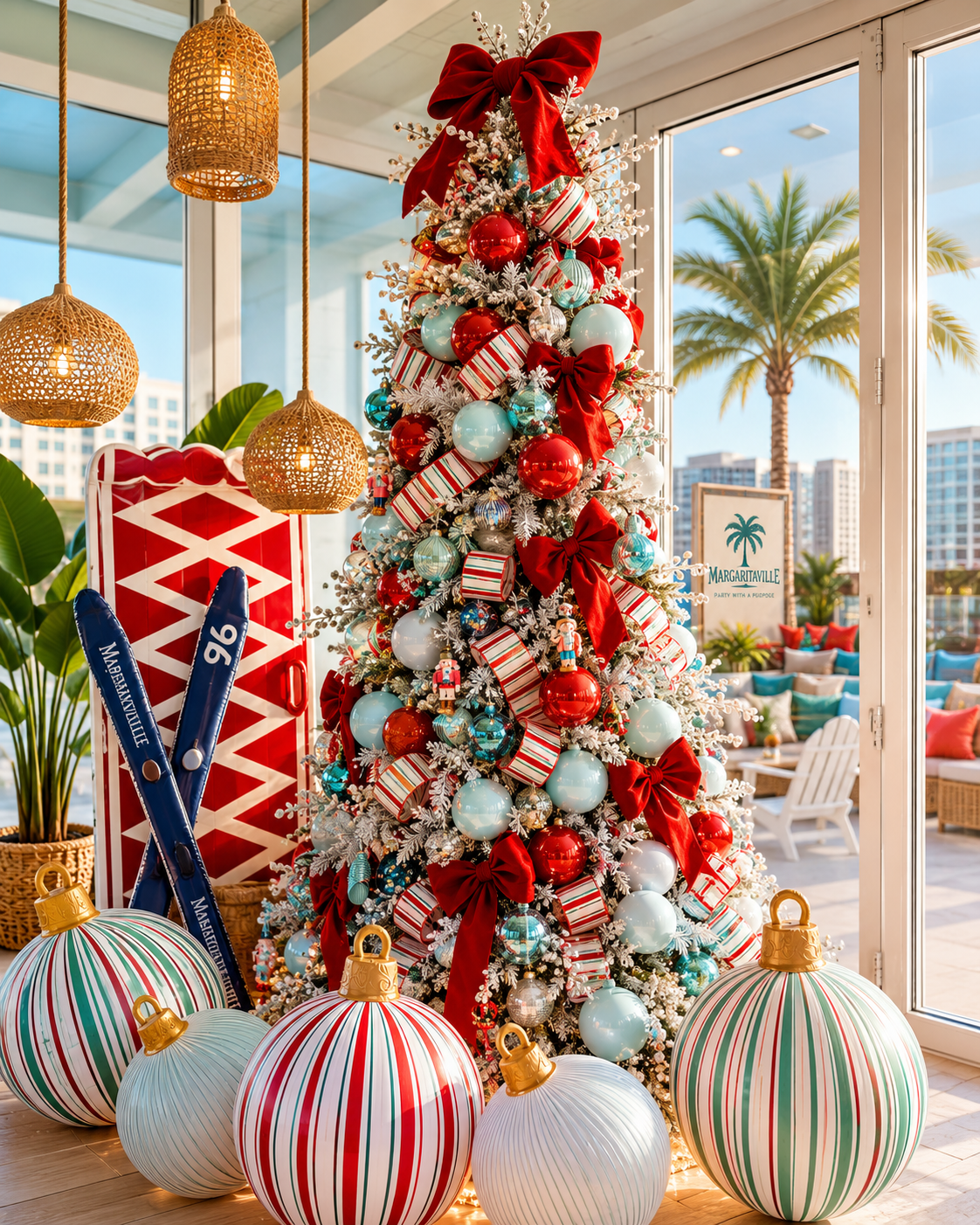 Coastal-inspired Christmas tree designed by Whitney Elaine Interiors for Margaritaville Hotel Nashville featuring oversized ornaments and custom holiday décor.