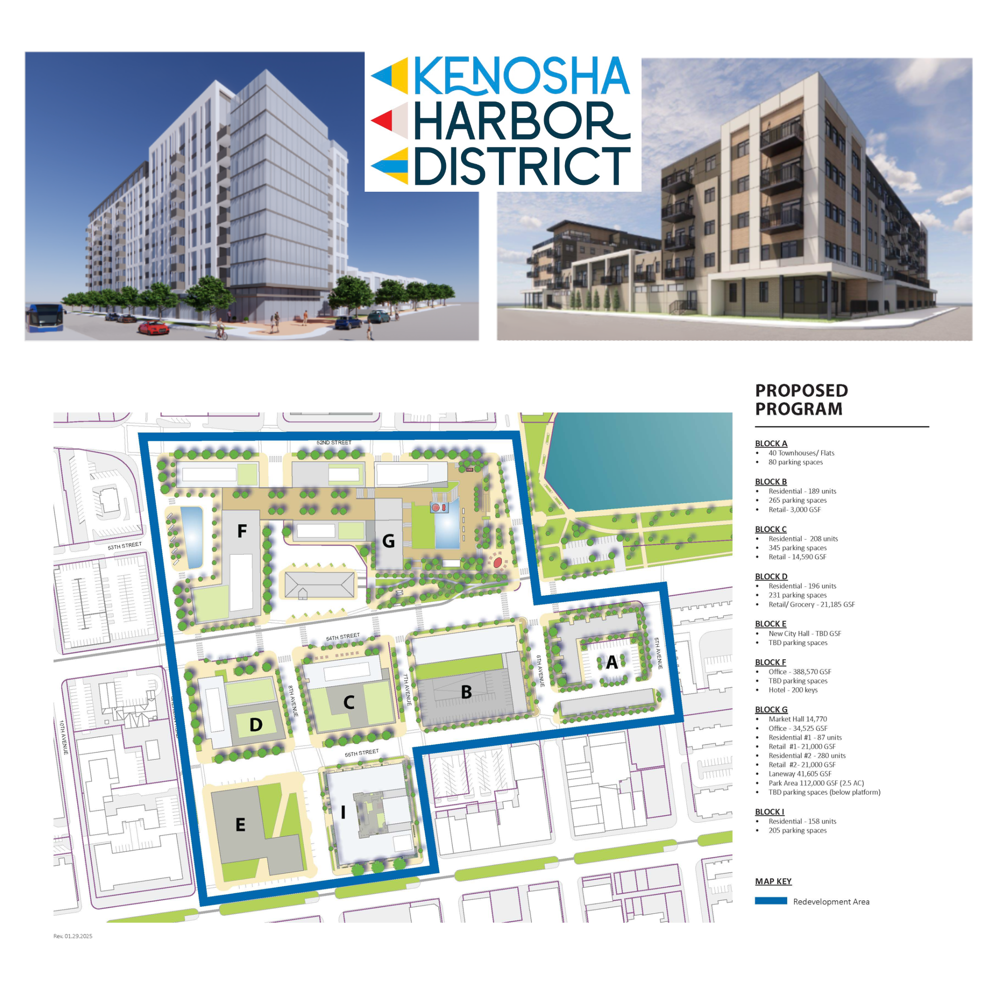 Conceptual design image of Kenosha Harbor District featuring two modern apartment building renderings at the top and a detailed site plan at the bottom with labeled blocks A-I and proposed program details for each block.