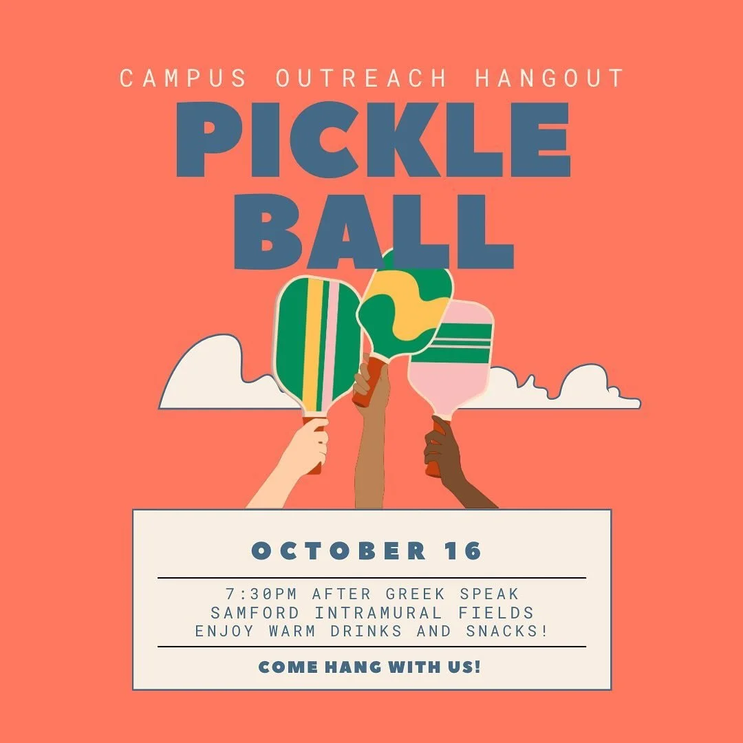Tonight! No Connect Meeting this week but instead join us at the IM fields right after greek speak for hot chocolate, music, pickleball, and hangs! 

BYO Pickleball Paddle and Ball! 

We will be back in Pete Hanna next week with our series and hear f