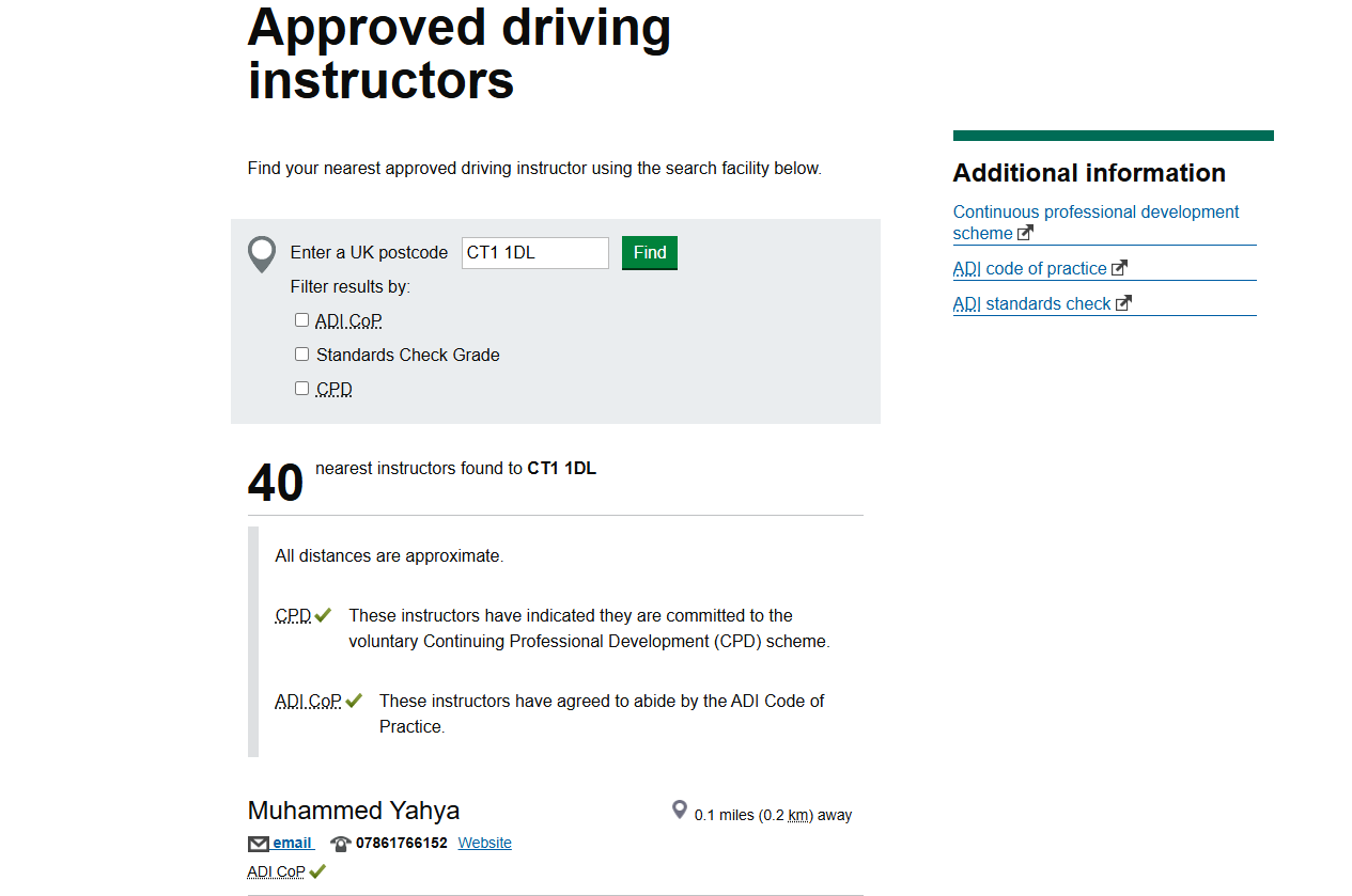 Official government website showcasing YM Driving School's Director and Instructor as an ADI.