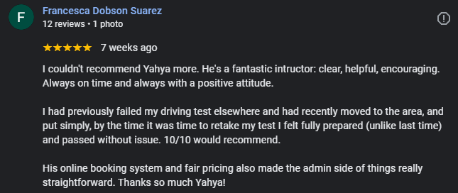 Screenshot of a positive online review for Yahya from Francesca Dobson Suarez, praising his instruction and booking system.