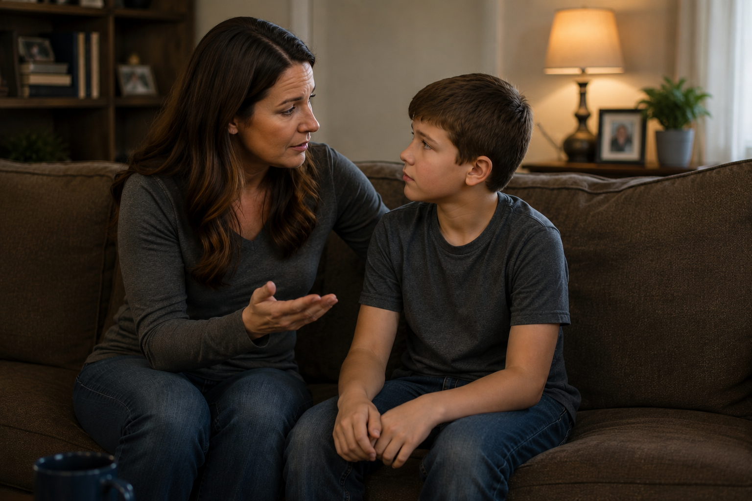 Parent gently explaining a veteran parent’s PTSD to a young child at home.