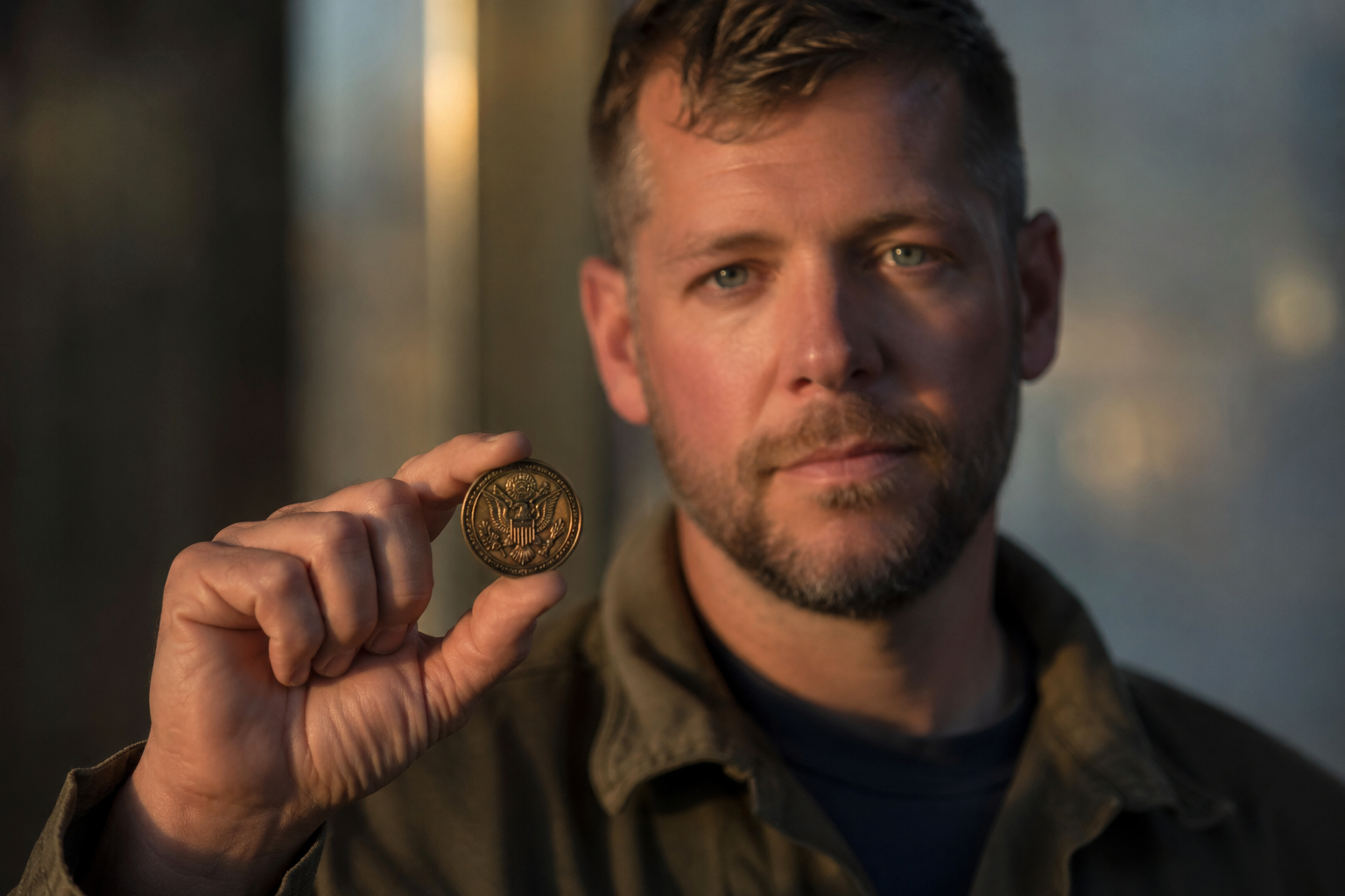 Veteran holding a military challenge coin, symbolizing reclaiming personal values after moral injury.