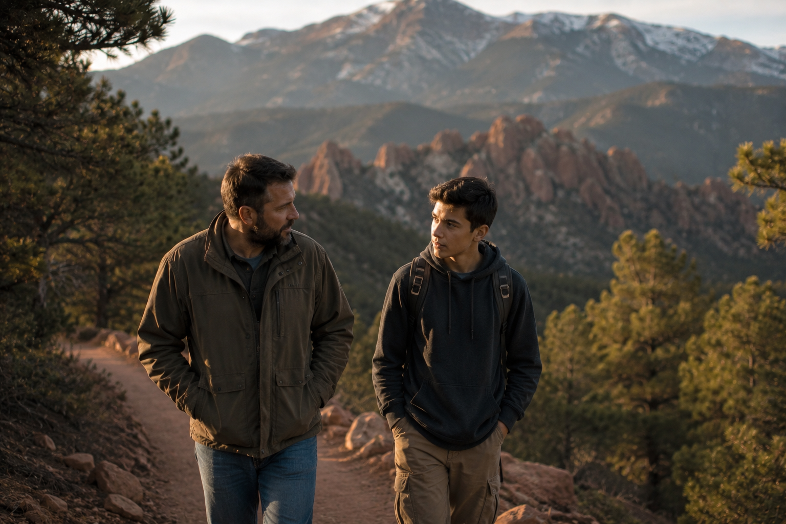 Veteran and teenage child connecting on a hike near Colorado Springs.
