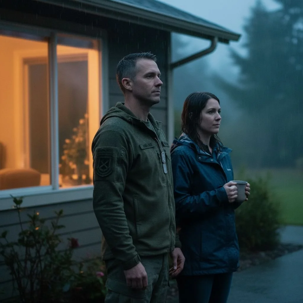 A military and civilian couple stand apart outside their home on a rainy evening, warm light glowing behind them, symbolizing reflection and hope in a healing military marriage.
