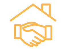 An icon of two hands shaking inside a house outline, symbolizing real estate or home agreement.