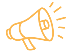 Orange outline of a megaphone with sound lines emitted from it.
