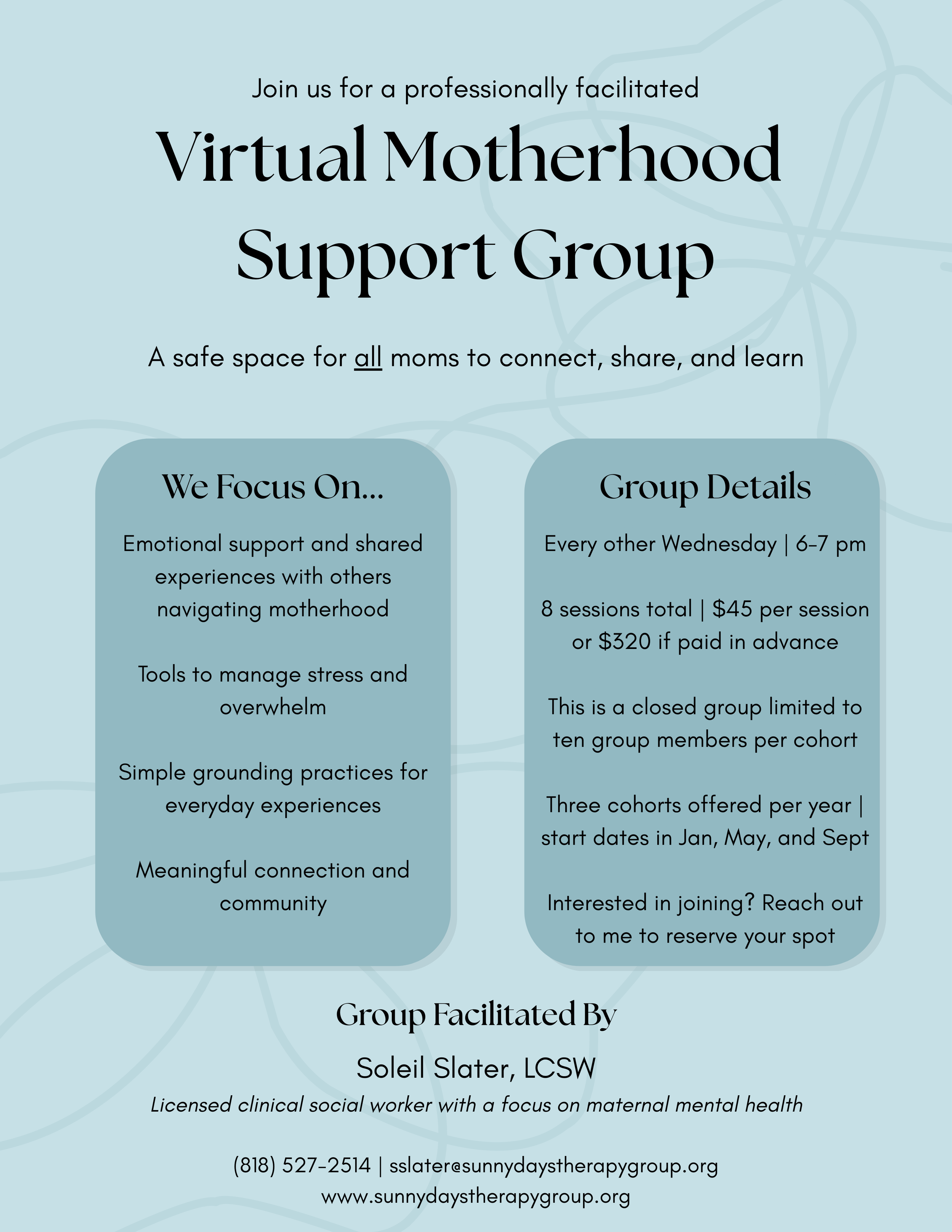 Virtual motherhood support group led by a licensed therapist offering emotional support, stress management tools, and community for moms