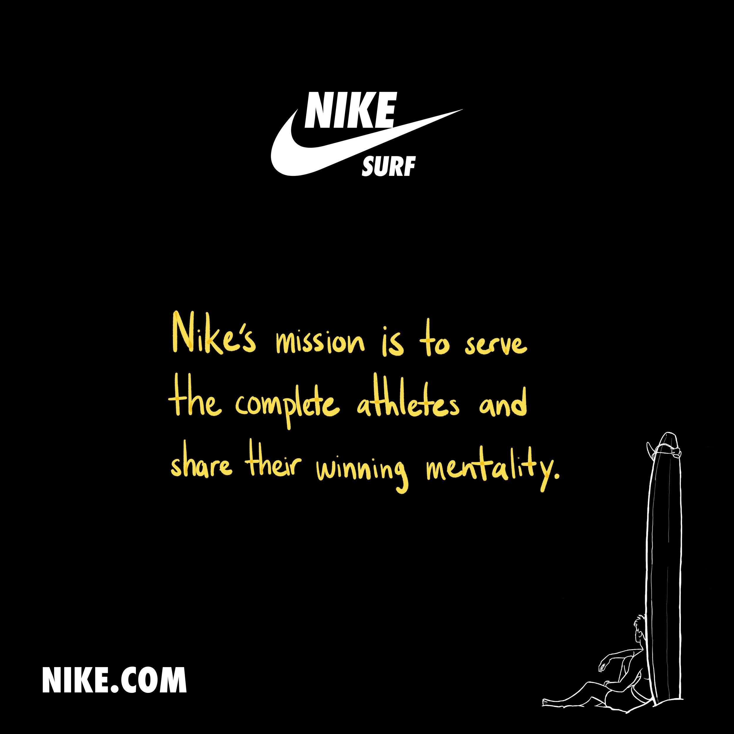 Nike brochure, back cover pg. With Nike's mission and new surf logo.