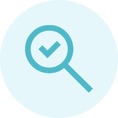 A blue magnifying glass icon with a check mark inside, set against a light blue circular background.