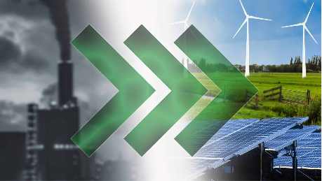 Three green arrows overlaying images of a coal plant, solar PV panels, and wind turbines in a grassy field.