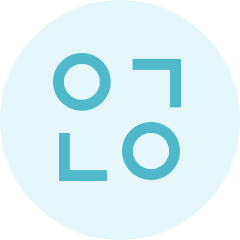 A light blue circle containing two blue outlined circles and two blue right-angle corners arranged in a square pattern.