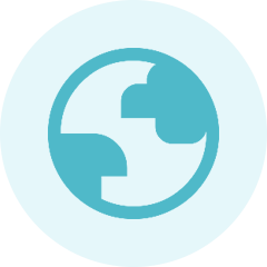 Blue circle logo with puzzle piece shapes inside, on a light blue background.
