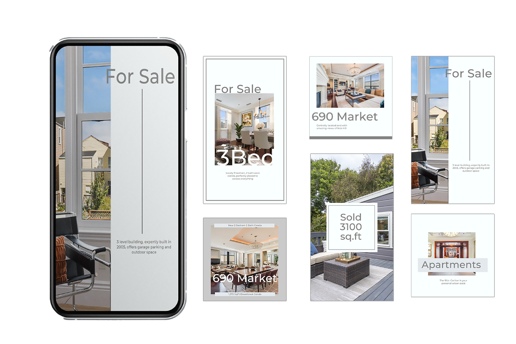 Social Media Ads - typography; layout design; information presentation; designed to attract attention and highlight real estate listings