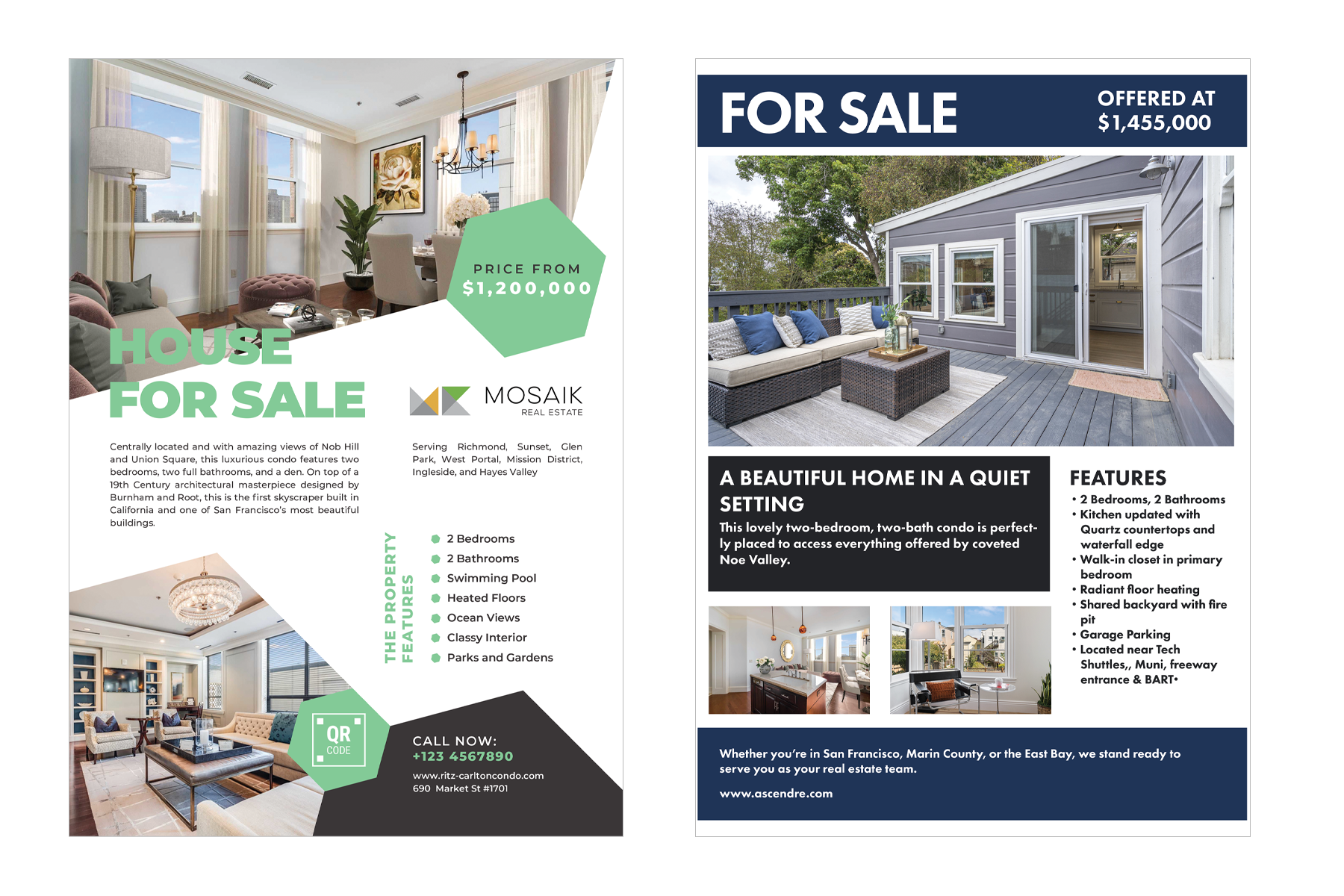 Flyers - clean typography; organized layout; clear information design; designed to effectively showcase properties