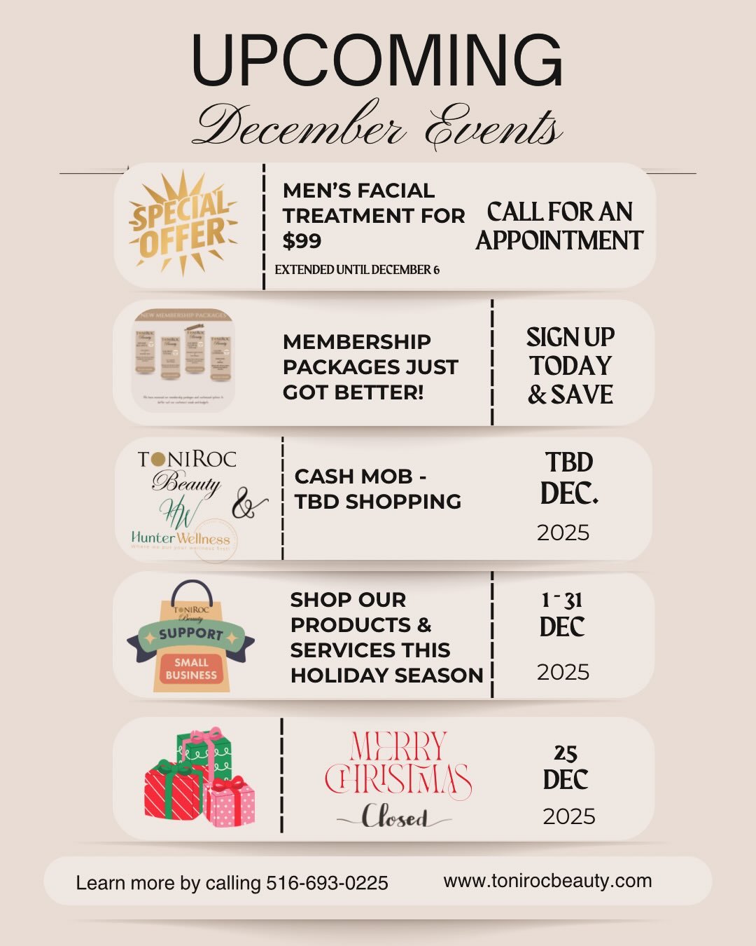 December is here! Join ToniRoc Beauty and Hunter Wellness for festive deals, Christmas shopping, and holiday cheer.

Holiday Specials
Exclusive Discounts: Enjoy limited-time offers on beauty and wellness services.

Gift Cards: Perfect for anyone need