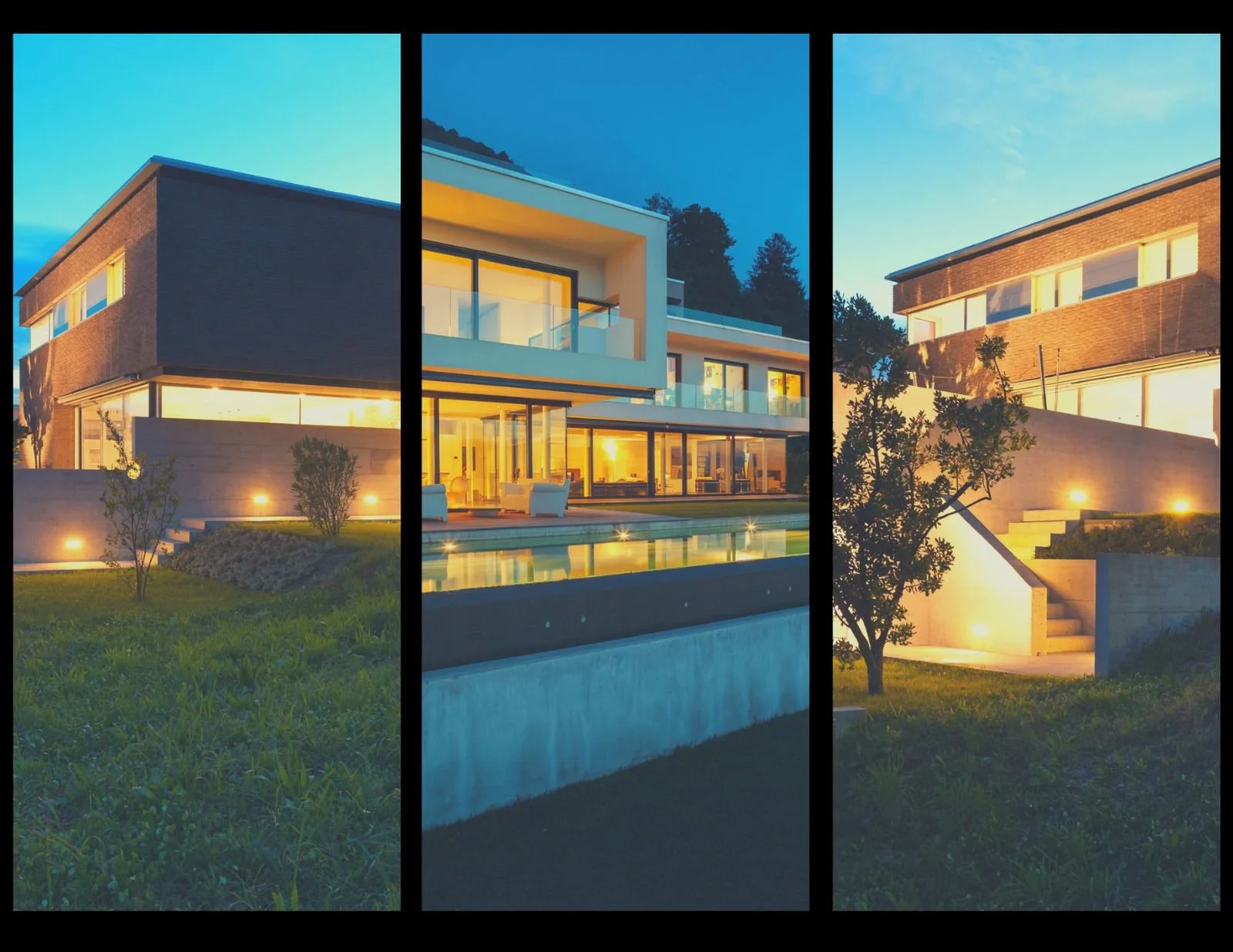 Three modern residential houses at dusk with exterior lighting and landscaped yards.