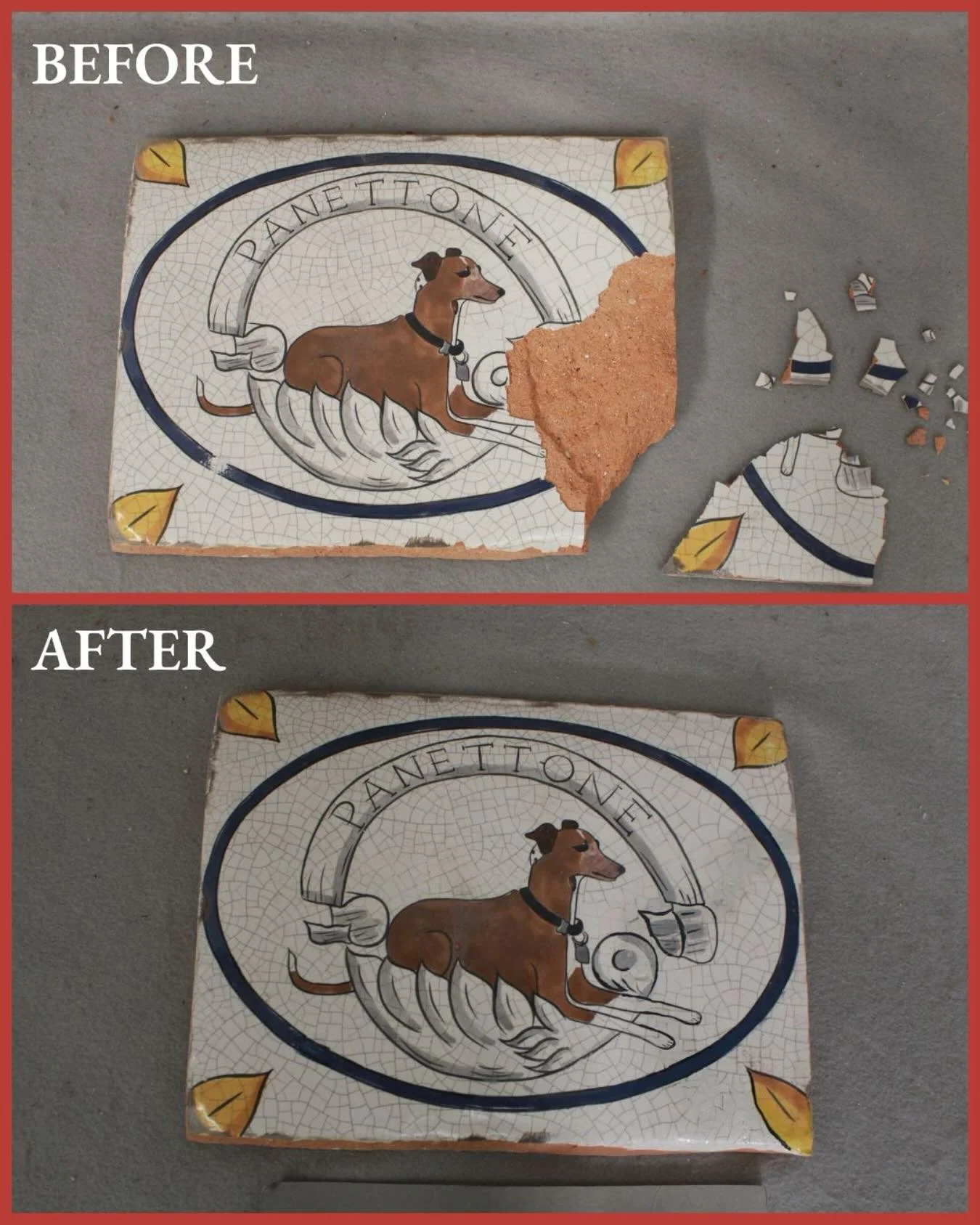 We had the pleasure of working on this adorable terra cotta tile with a painted exterior! It came to us in over 16 pieces with some stress cracking and chipping to the broken areas. Our conservator secured any stress cracking to prevent any further b