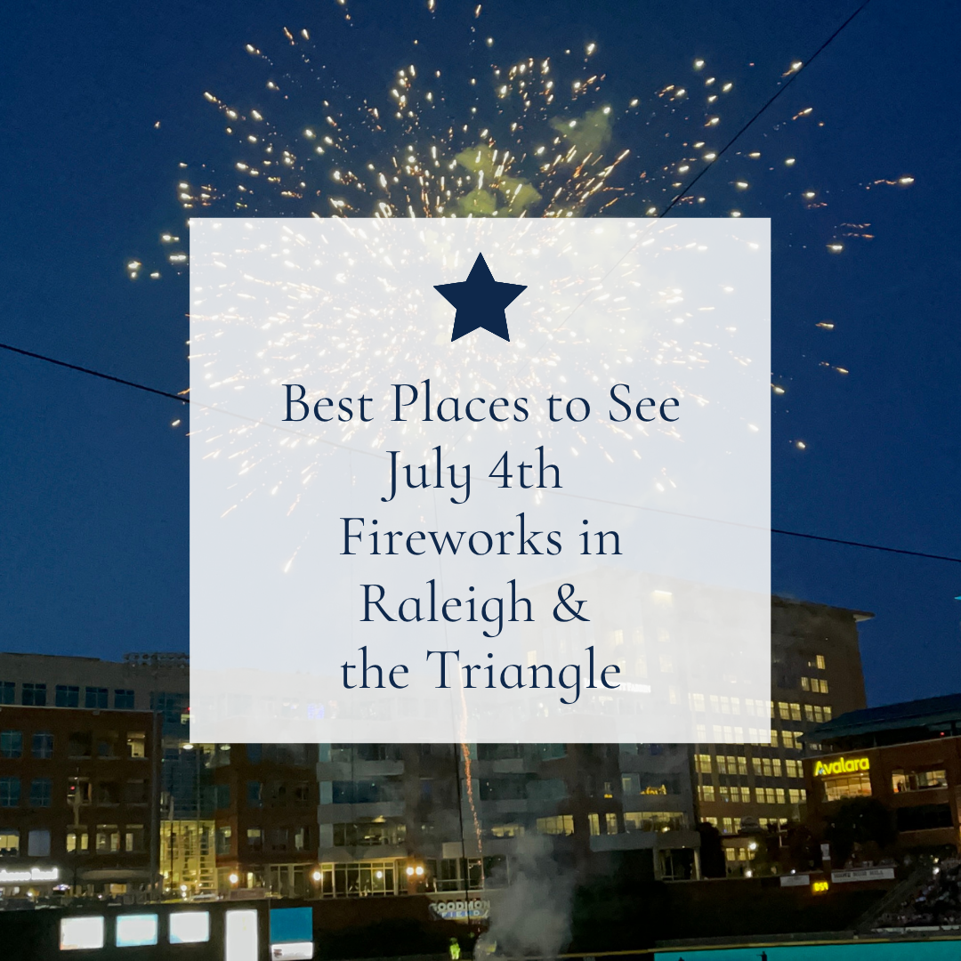 July 4th fireworks light up a downtown Triangle skyline at night, a guide to the best places to watch fireworks near Raleigh.