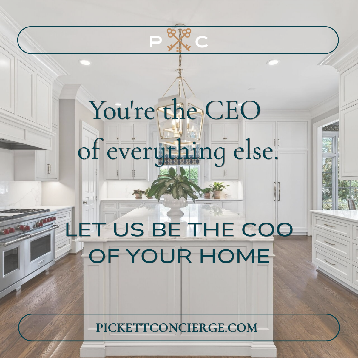 Bright white Raleigh kitchen with a marble island and lantern pendant lights, overlaid with Pickett Concierge text reading "You're the CEO of everything else. Let us be the COO of your home."