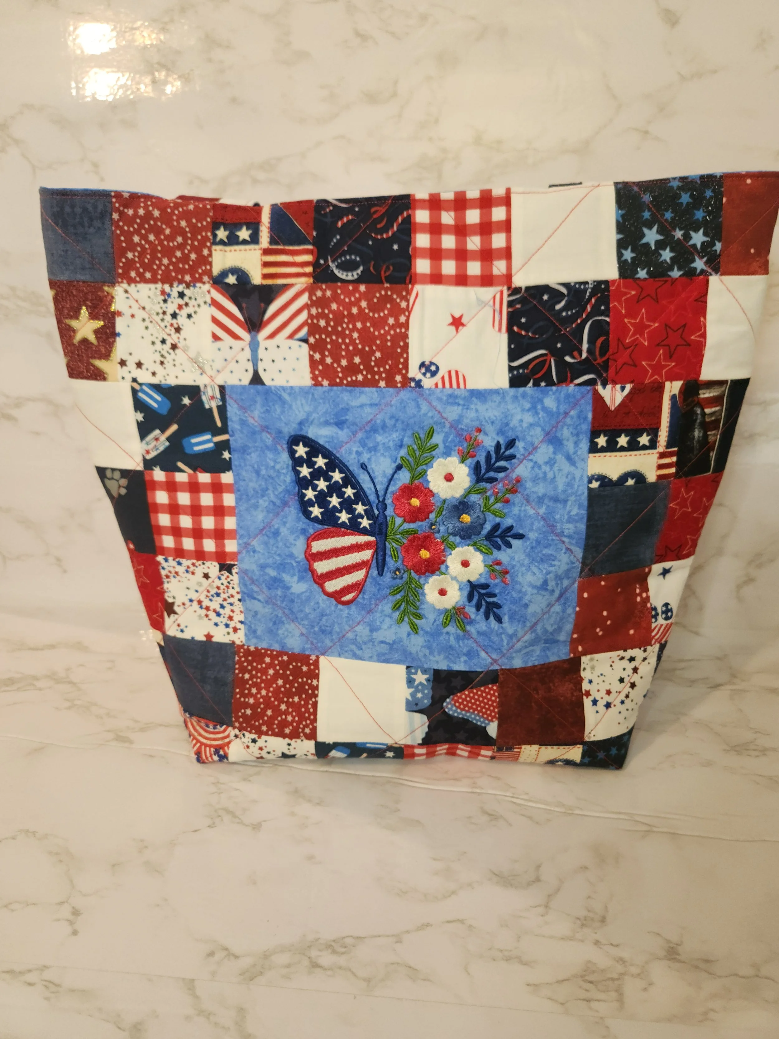 Embroidered Patriotic Patchwork Tote Bag