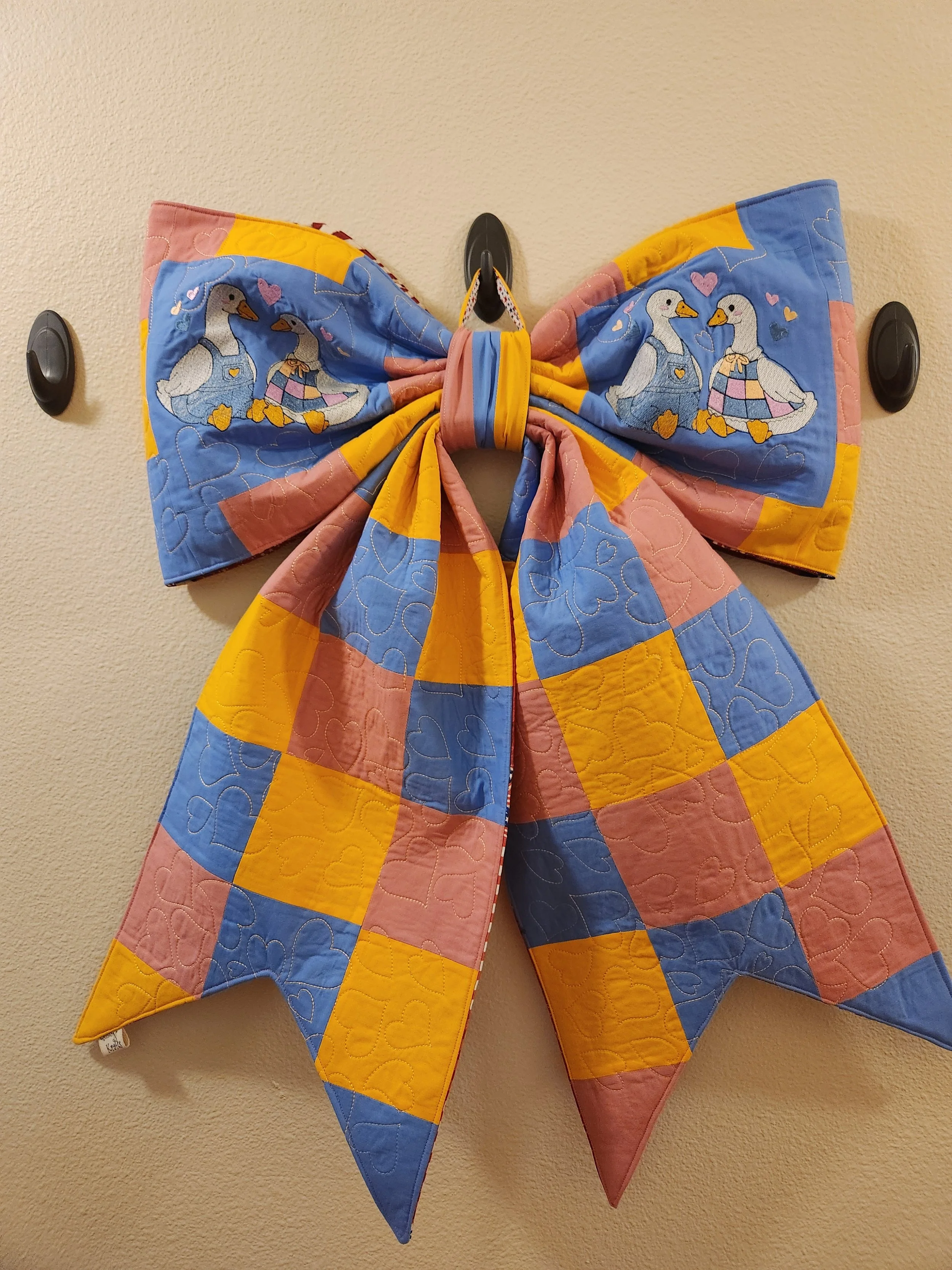 Reversible Quilted Duck/partriotic  Wall Hanging Bow with Embroidery
