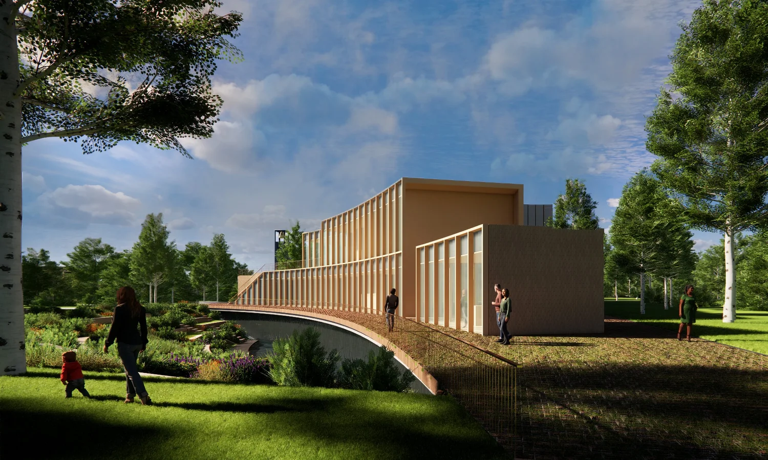 Green Cathedral of Trondheim design concept by Forsite Studio — rendered main entrance with glass facade set in a green park with walking paths