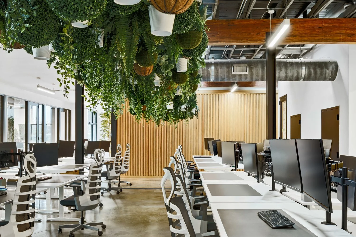 Easy Street Capital office by Forsite Studio — open workspace with dual-monitor desks, white ergonomic chairs, and hanging plant installation — Austin, TX