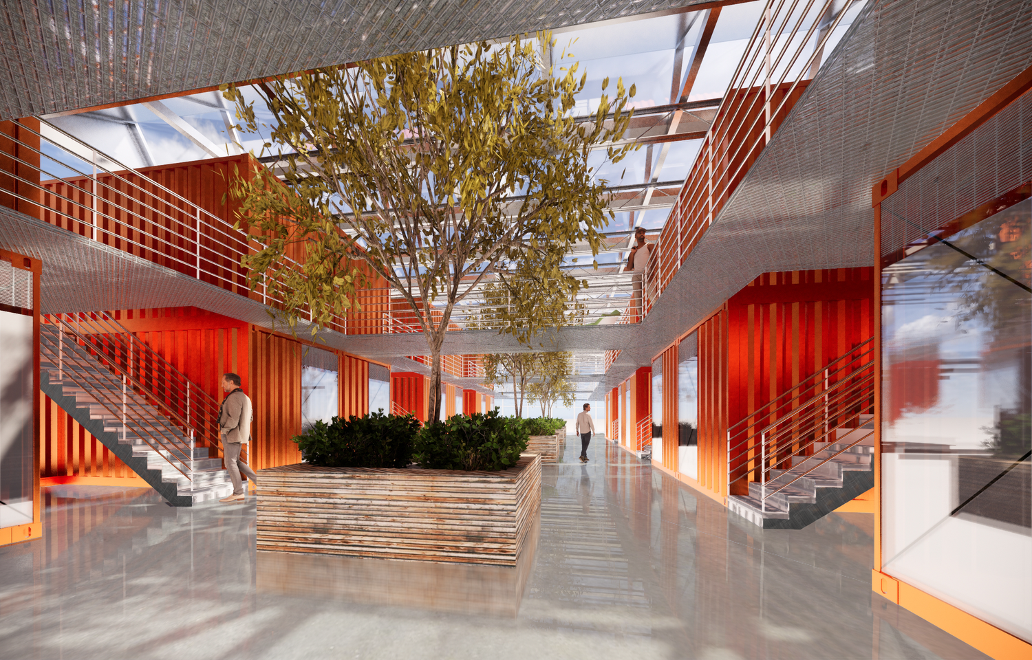 Daylight Homeless Center community project by Forsite Studio — interior courtyard with glass ceiling, indoor trees, and wood staircase — Austin, TX
