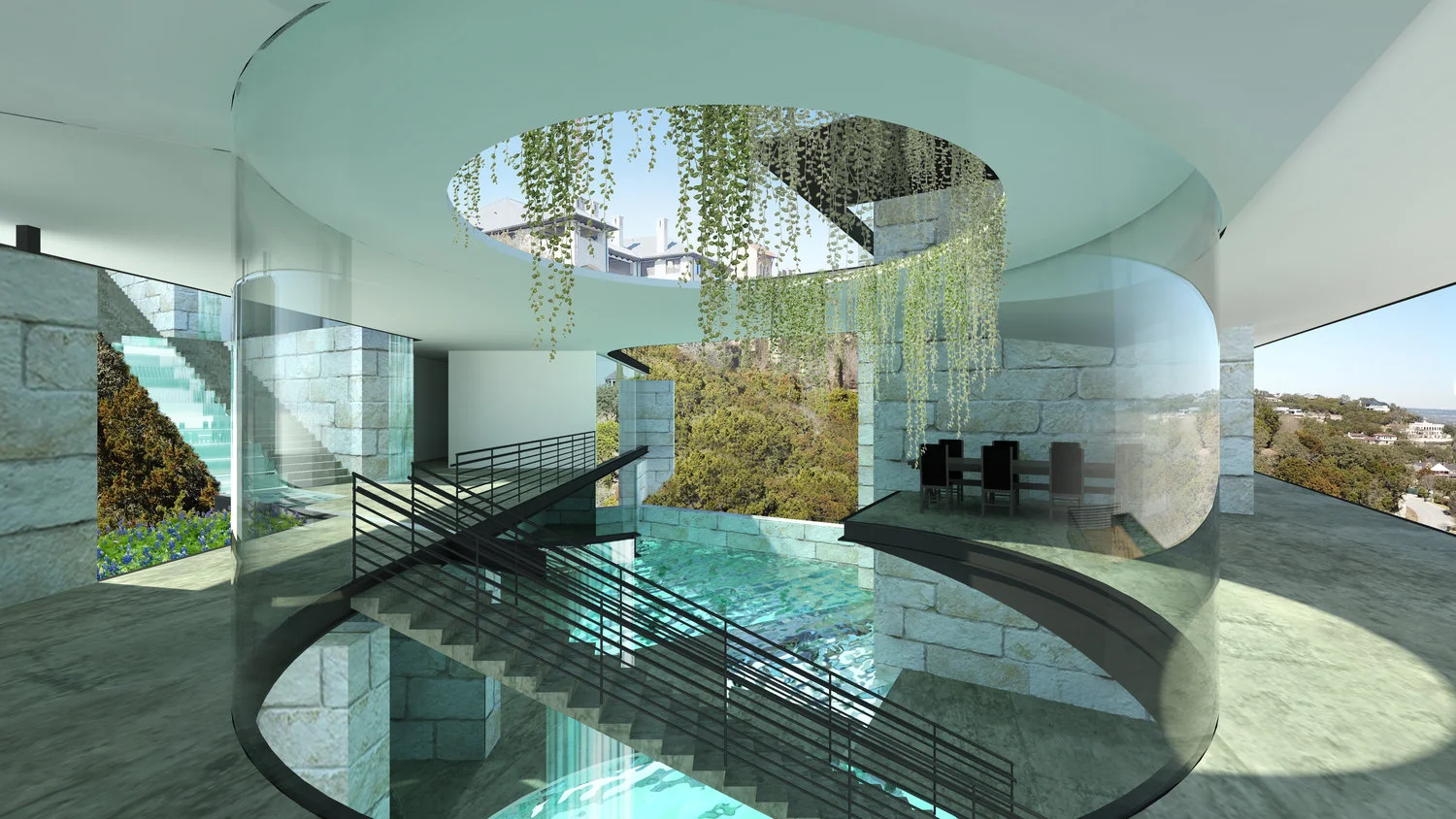 Modern interior with large glass windows, a spiral staircase overlooking an indoor waterfall, artificial and real greenery, and scenic views of trees and hills outside.