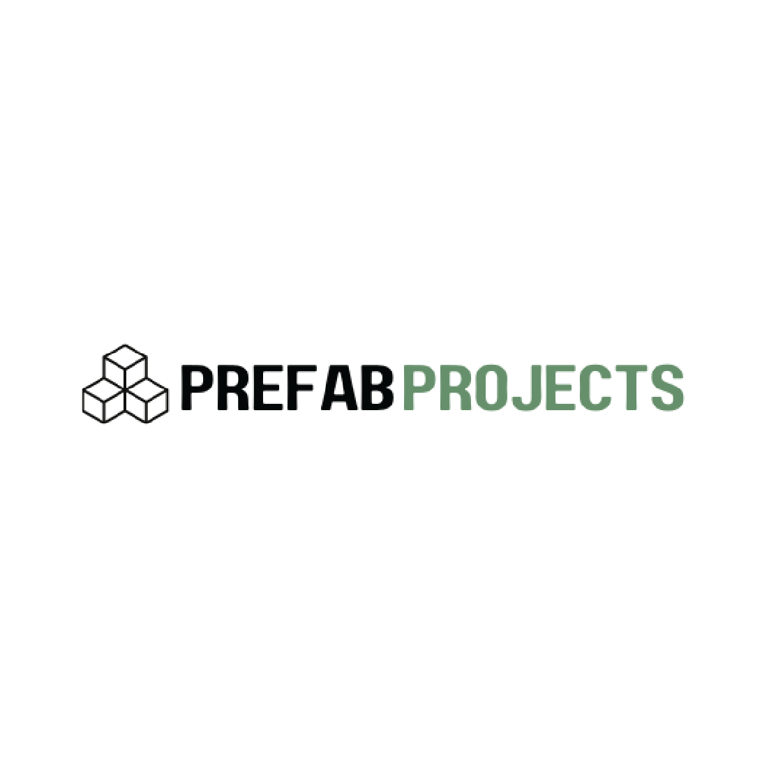 Logo for Prefab Projects featuring a graphic of three interlocking cubes and text in white and green on a black background.