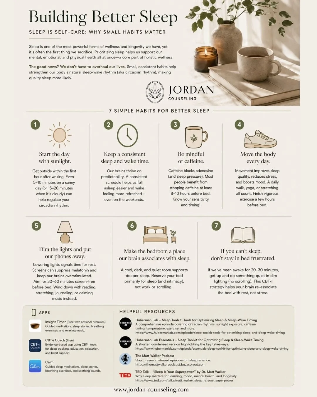 graphic that shows seven tips from a licensed counselor on how to promote better sleep that will improve overall mental, emotional, and physical wellness